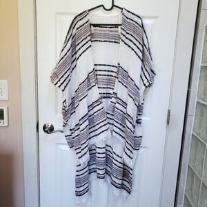 American Eagle White Striped Southwestern Fringe Kimono